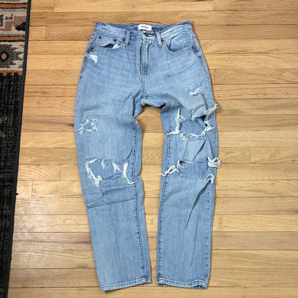 PISTOLA women’s 100% cotton distressed high waisted light wash denim jeans 25